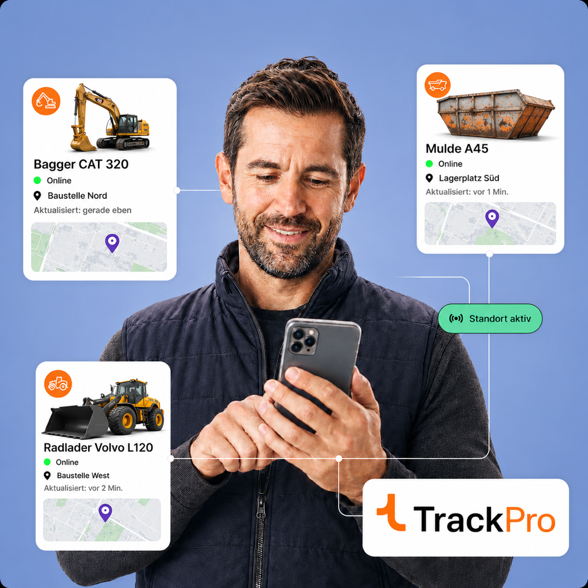 Bauleiter trackt Bagger, Mulde und Radlader live per TrackPro-App