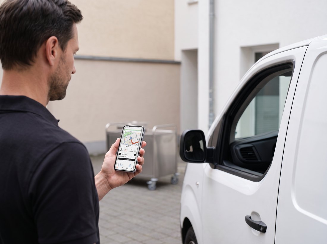 Fahrer verbindet den GPS-Tracker per Smartphone mit dem Catering-Transporter