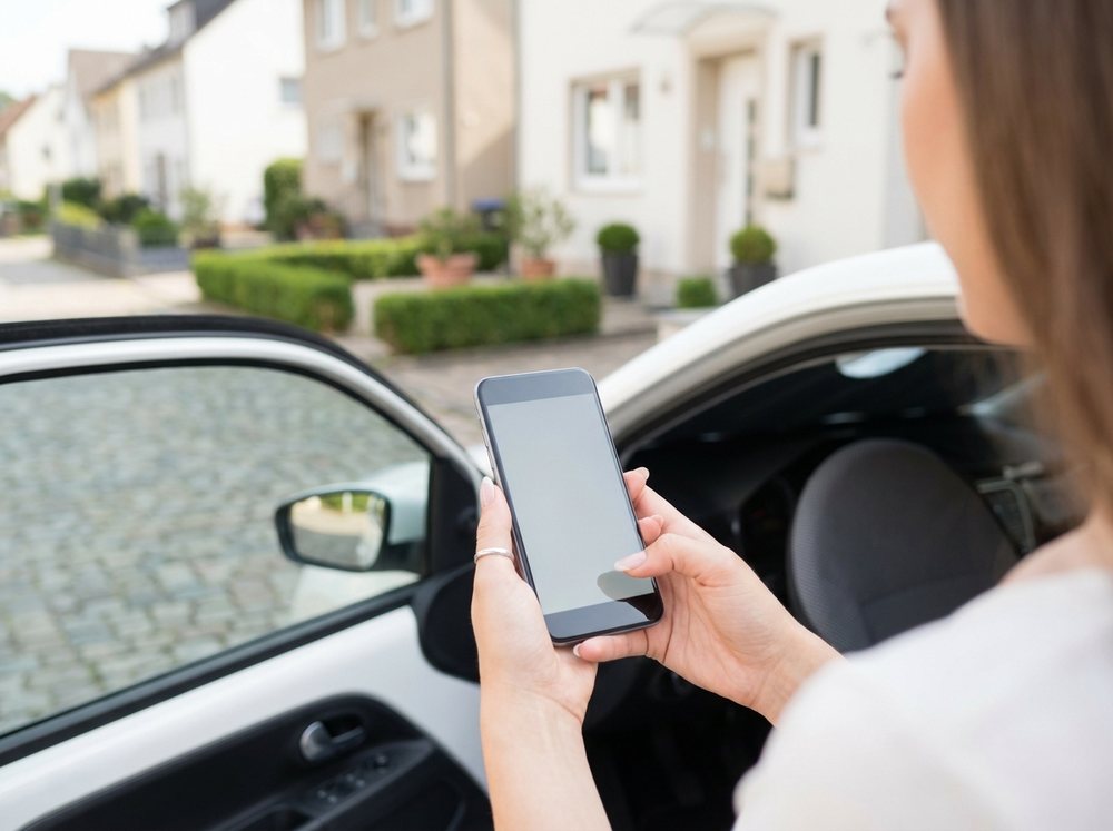 Smartphone mit der TrackPro-App neben einem Pflegedienst-Fahrzeug