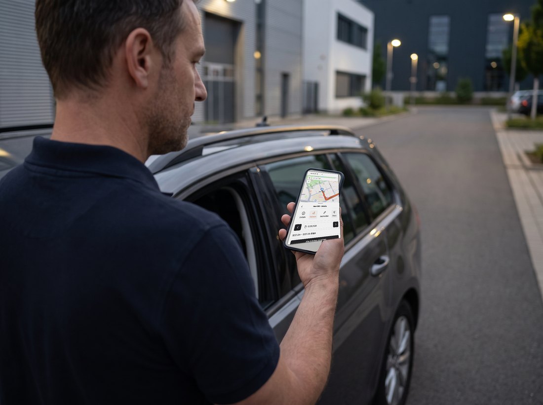 Sicherheitsmitarbeiter verbindet den GPS-Tracker per App mit dem Streifenfahrzeug