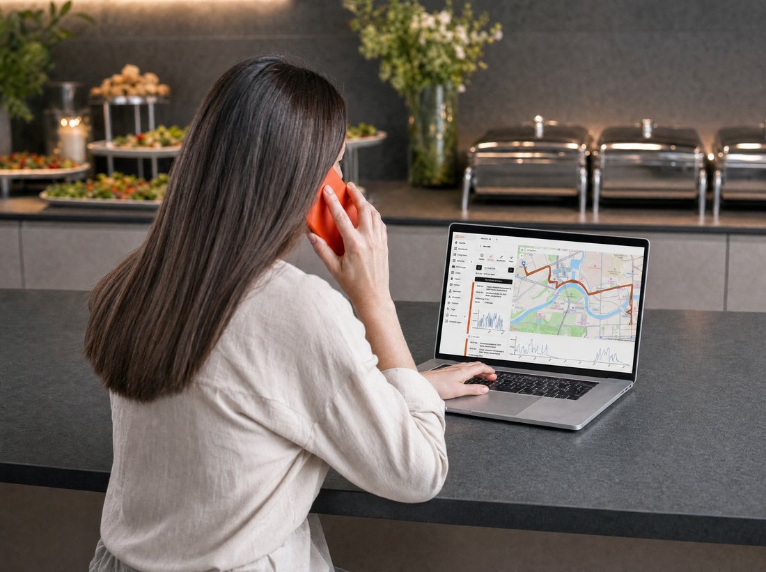 Catering-Disposition telefoniert und sieht im TrackPro-Dashboard Position und Fahrten des Transporters