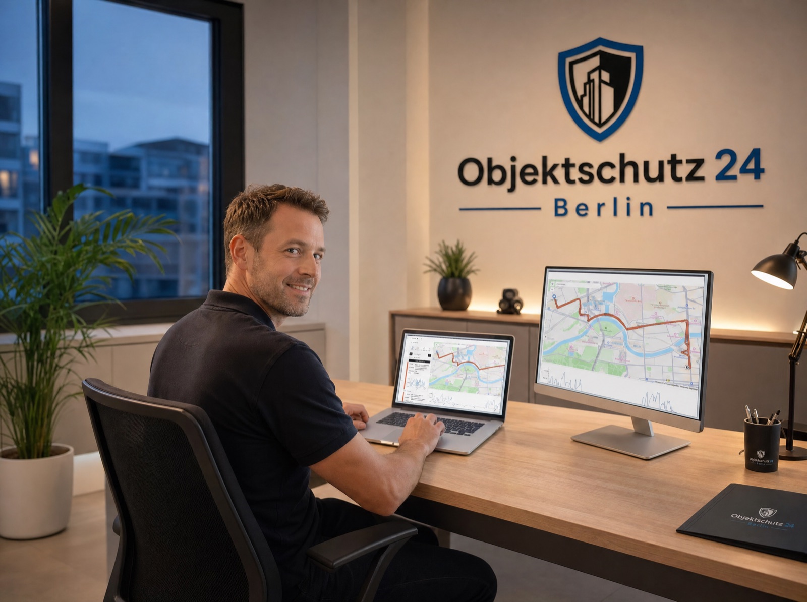 Objektleitung eines Sicherheitsdienstes am Laptop mit der Fahrzeugübersicht