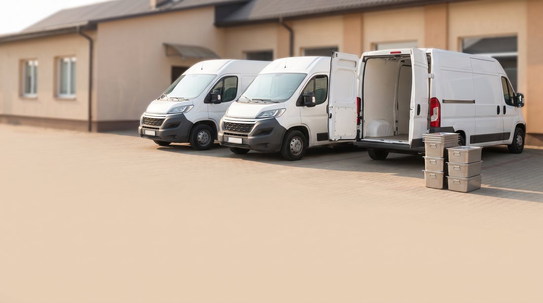 Drei Catering-Transporter am Lager beim Beladen