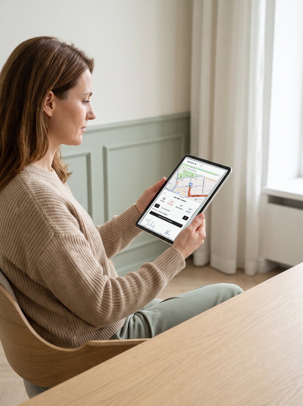 Pflegedienstleitung sieht auf dem Tablet die Fahrzeugkarte