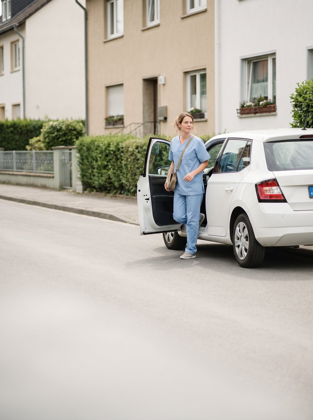 Pflegekraft steigt vor einem Wohnhaus aus dem Dienstfahrzeug