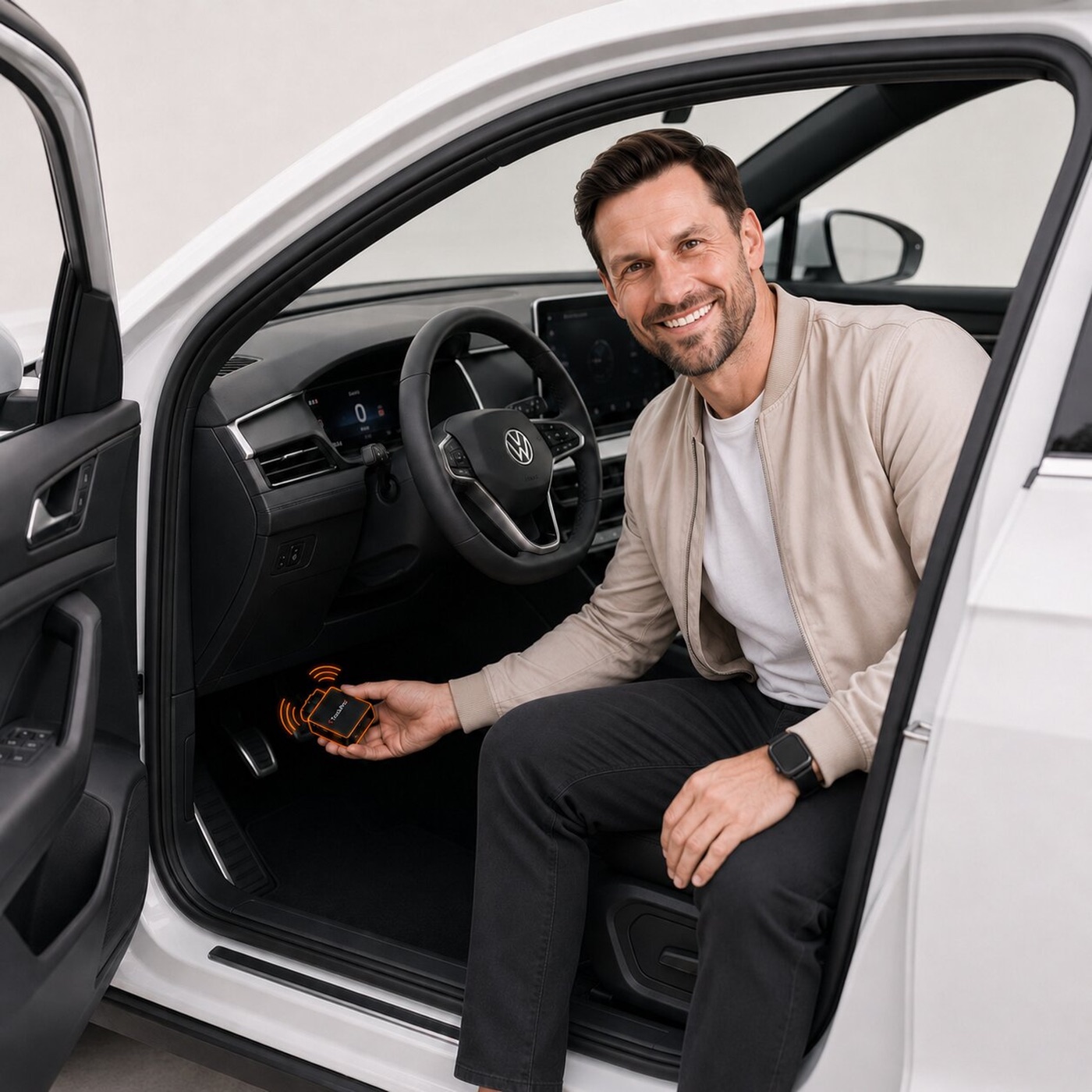 Elektronisches Fahrtenbuch: OBD-Stecker wird unter dem Lenkrad eines Firmenwagens eingesteckt