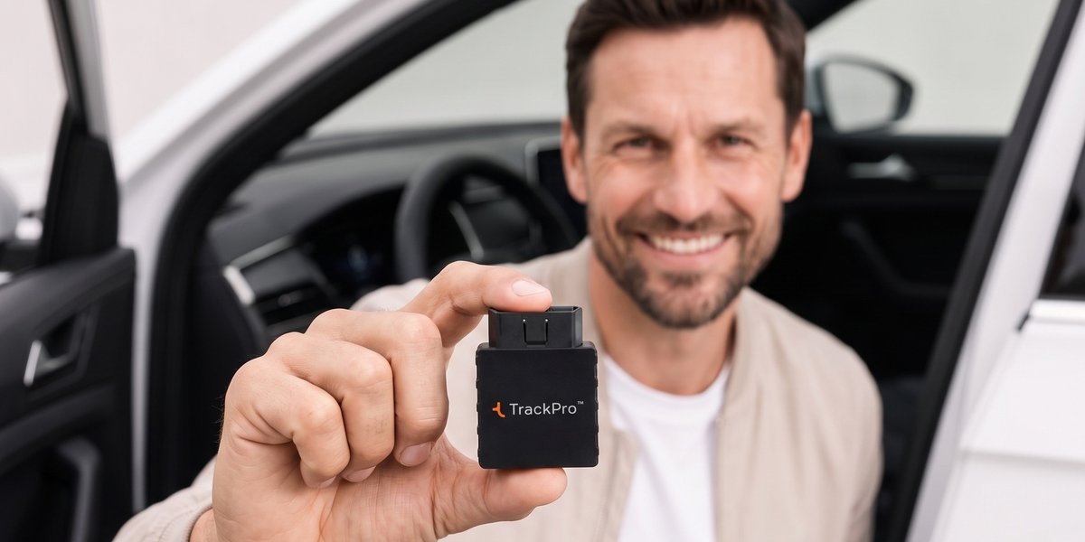 Fahrtenbuch-Deal: TrackPro OBD-Stecker in der Hand