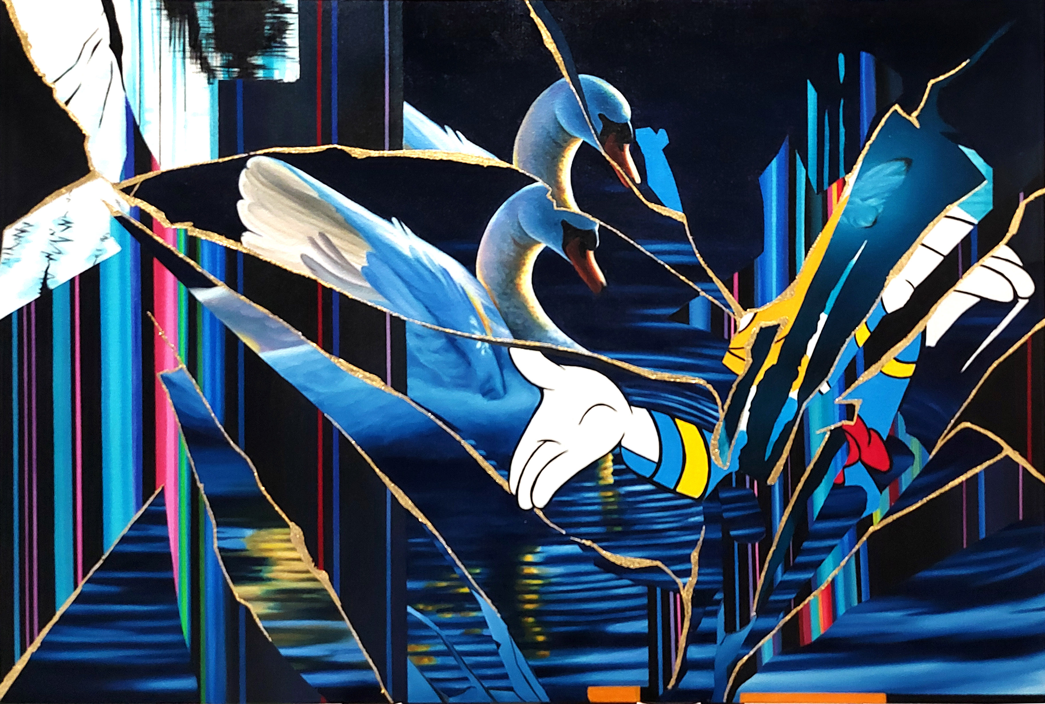 «Lago de los cisnes. Serie Kintsugi», obra de Orlando Villatoro. 2023, óleo y acrílico sobre lienzo, 84 x 135 cm.