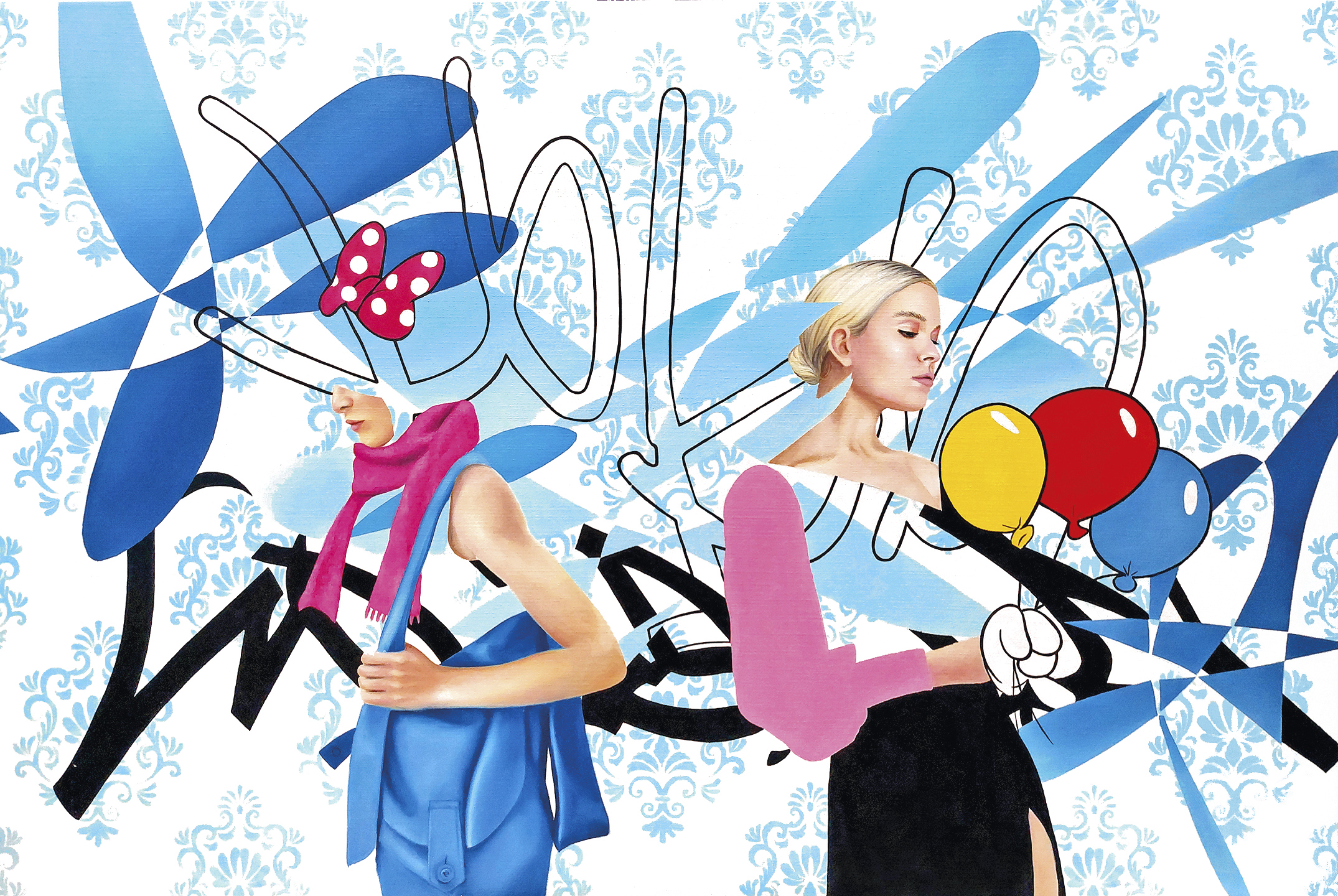 «The Party. Serie Planos en deformación», obra de Xhe. 2022, óleo y acrílico sobre lienzo, 120 x 180 cm.