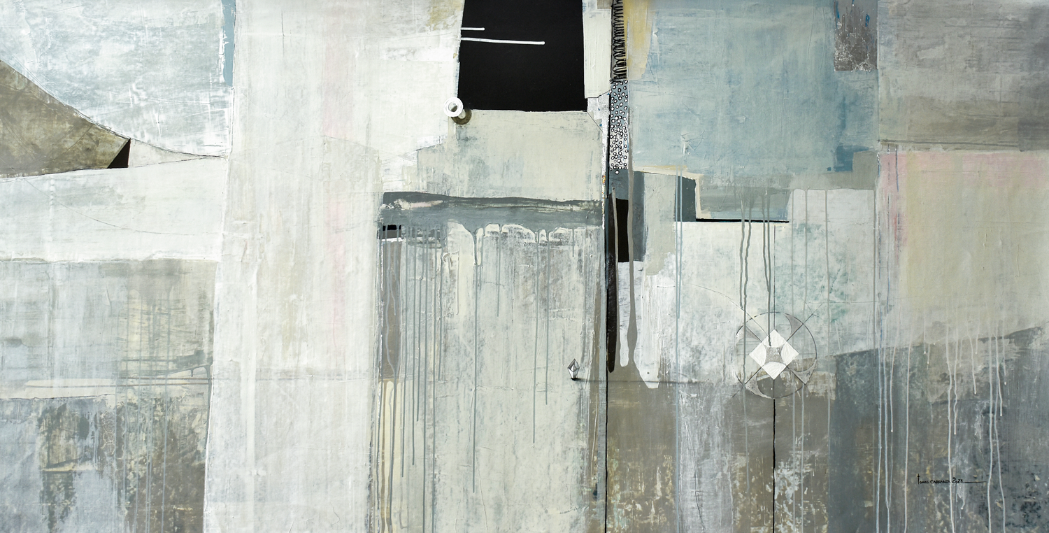 «Luz de luna», obra de Tomás Carranza. 2025, técnica mixta con hojas de oro y plata sobre lienzo, 100 x 200 cm.