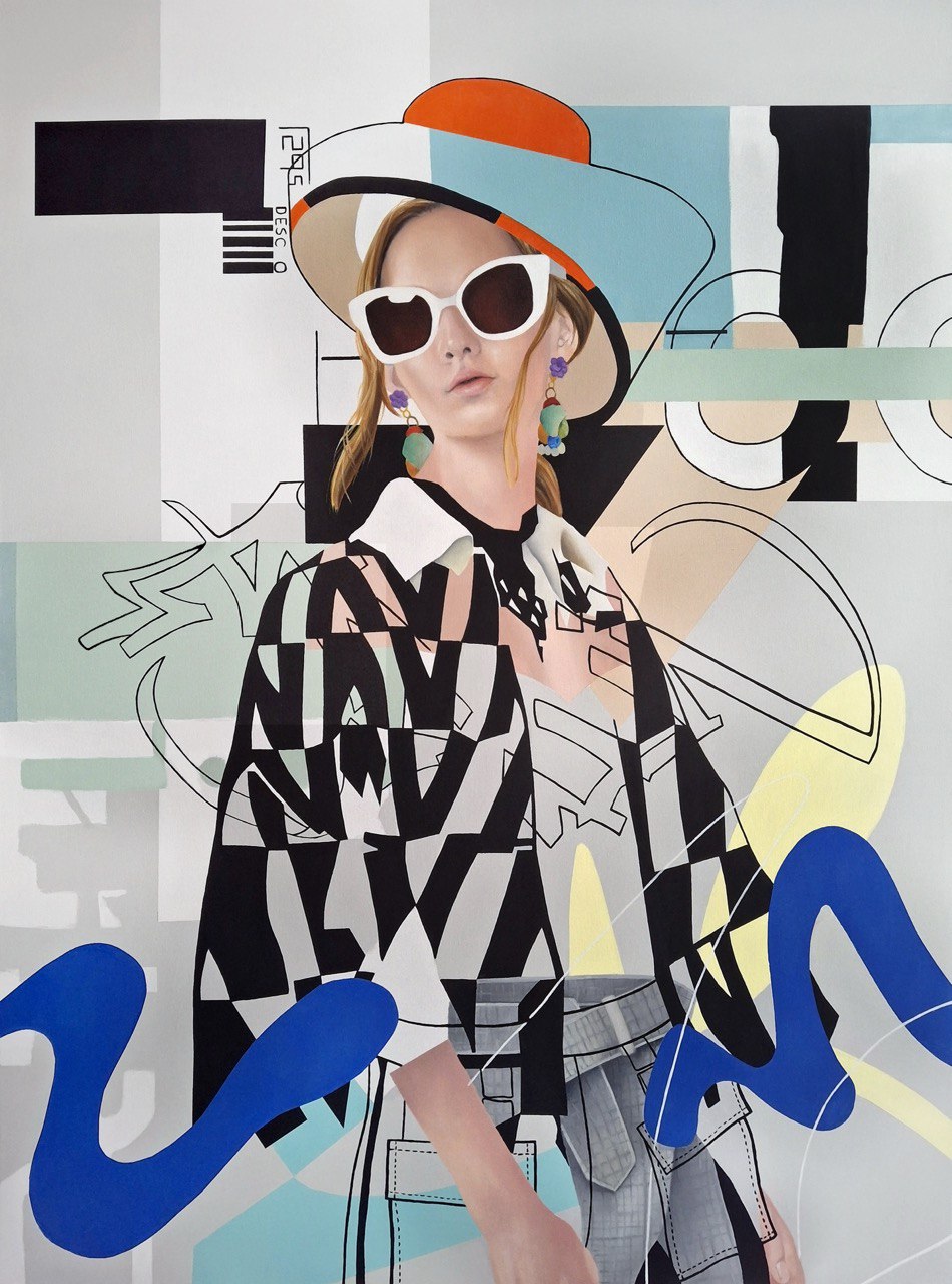 «Lady Valentino», obra de Xhe. 2025, óleo sobre tela, 150 x 119 cm.