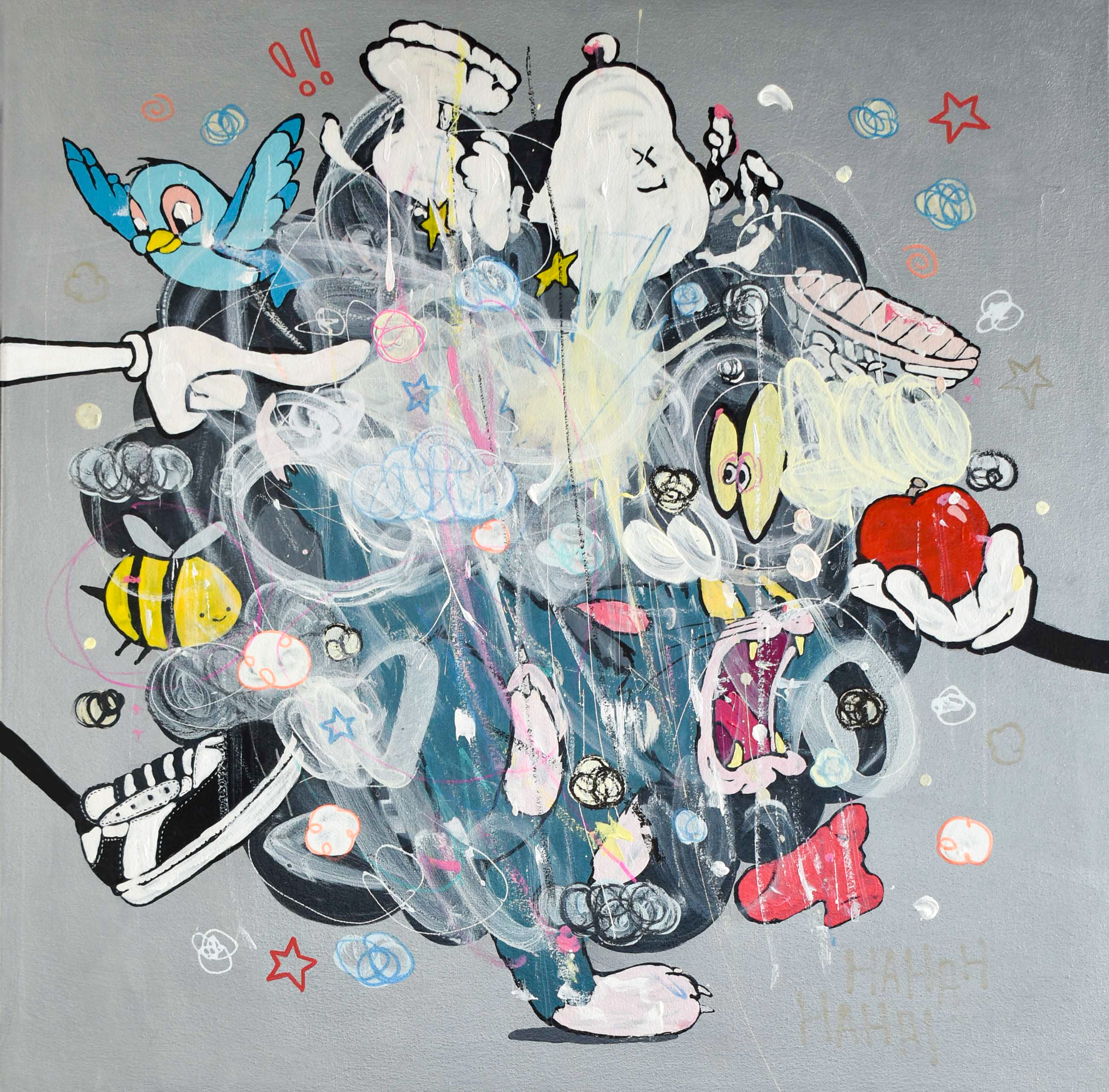 «Correteo», obra de Abel Amaya. 2025, acrílico sobre lienzo, 79 x 79 cm.
