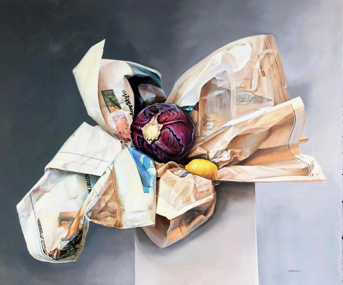 «Equilibrio desigual», obra de Michele Norman. 2021, óleo sobre lino, 100 x 120 cm.