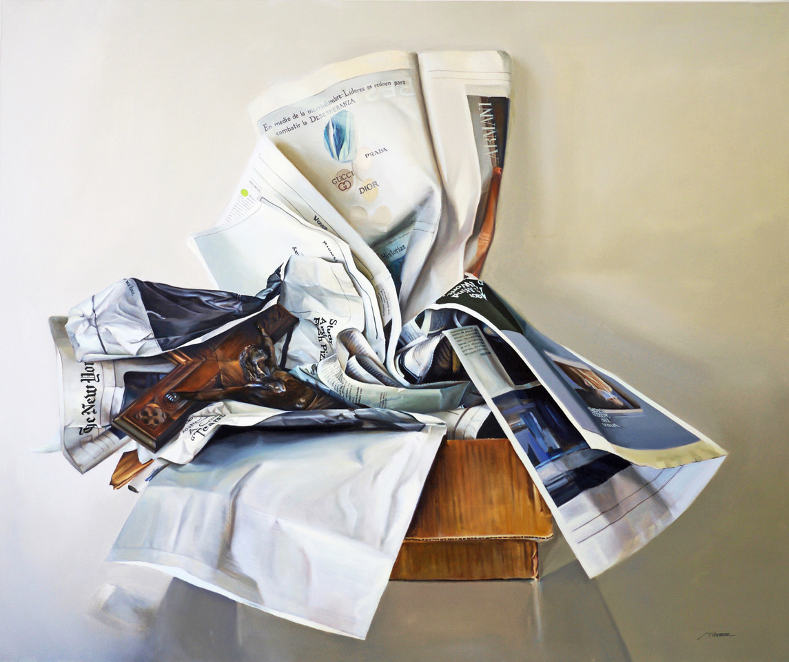 «Desempacando la fe», obra de Michele Norman. 2021, óleo sobre lino, 100 x 120 cm.