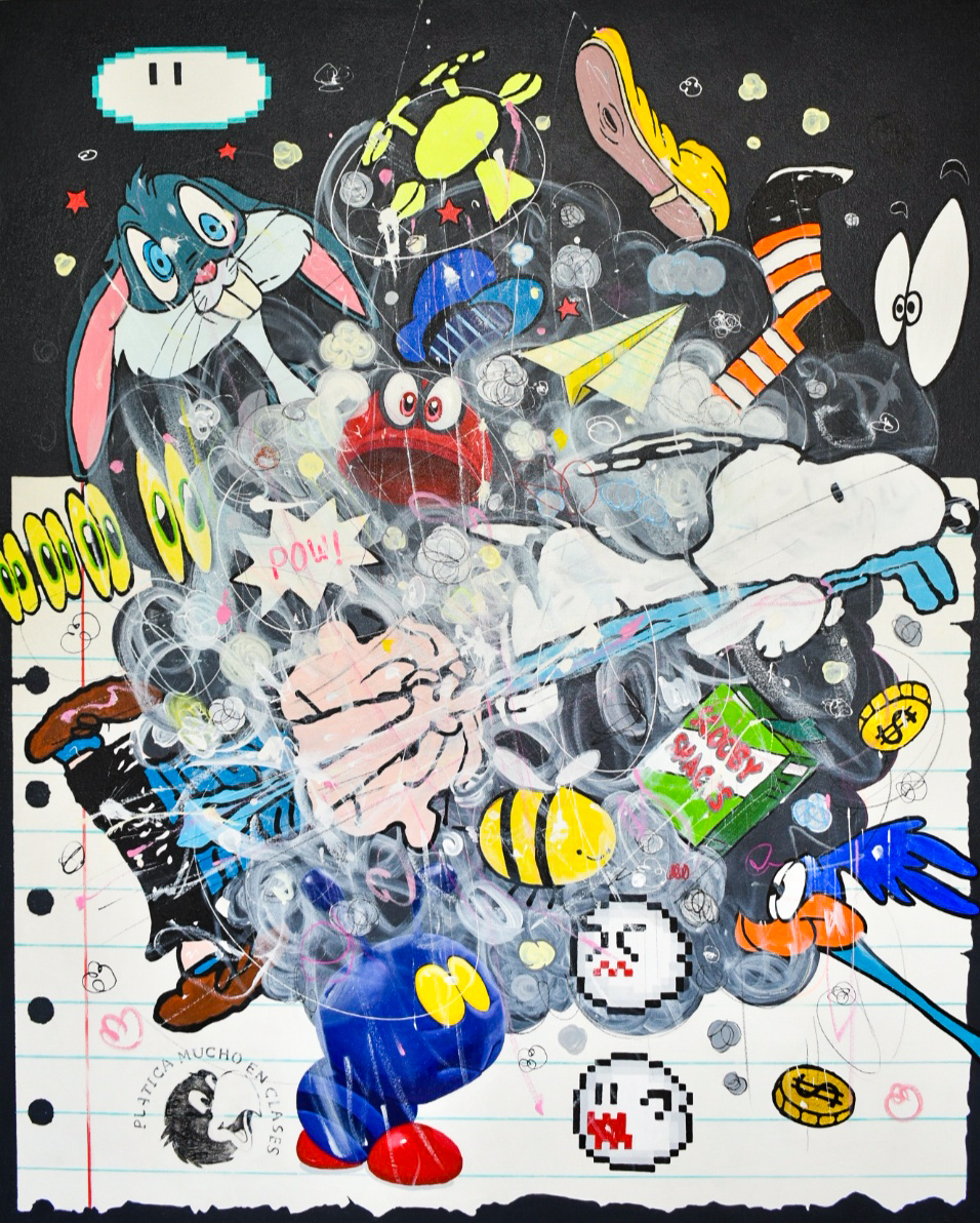 «Escapando. Serie Cuaderno de tareas», obra de Abel Amaya. 2025, acrílico sobre lienzo, 150 x 120 cm.