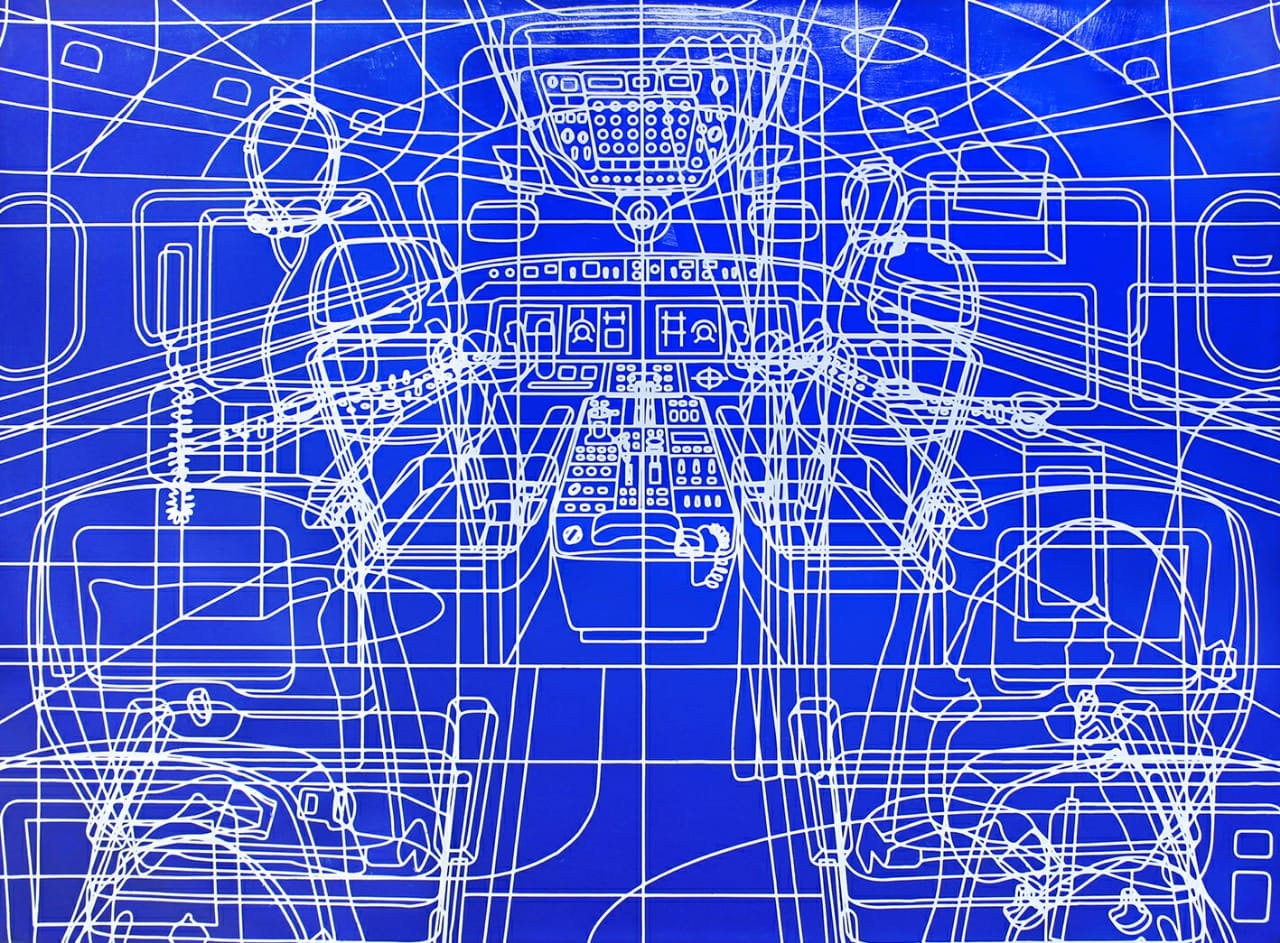 «Avión. Serie Enjaulados», obra de Xhe. 2021, óleo sobre lienzo, 110 x 150 cm.