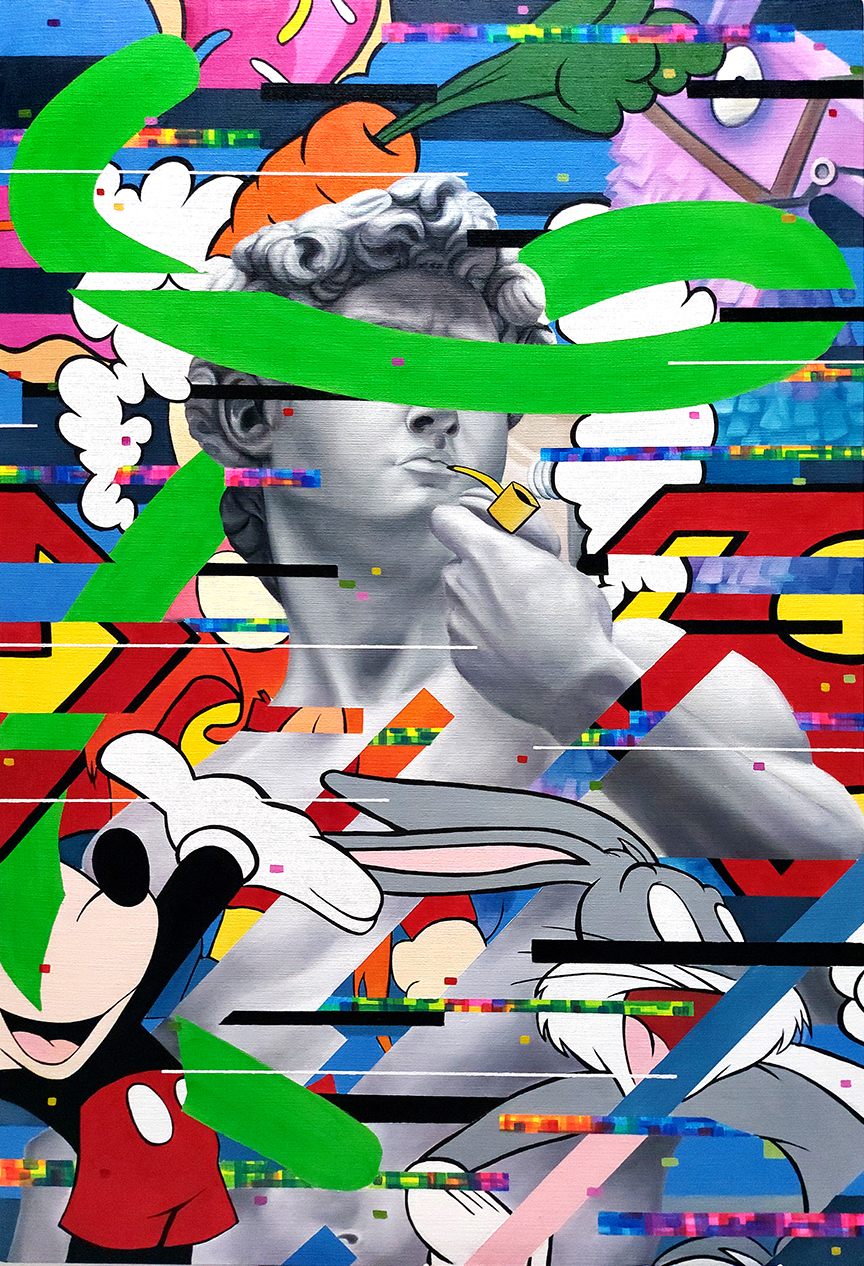 «David y sus amigos. Serie Hiperrealidad», obra de Orlando Villatoro. 2021, óleo y acrílico sobre lienzo, 135 x 84 cm.