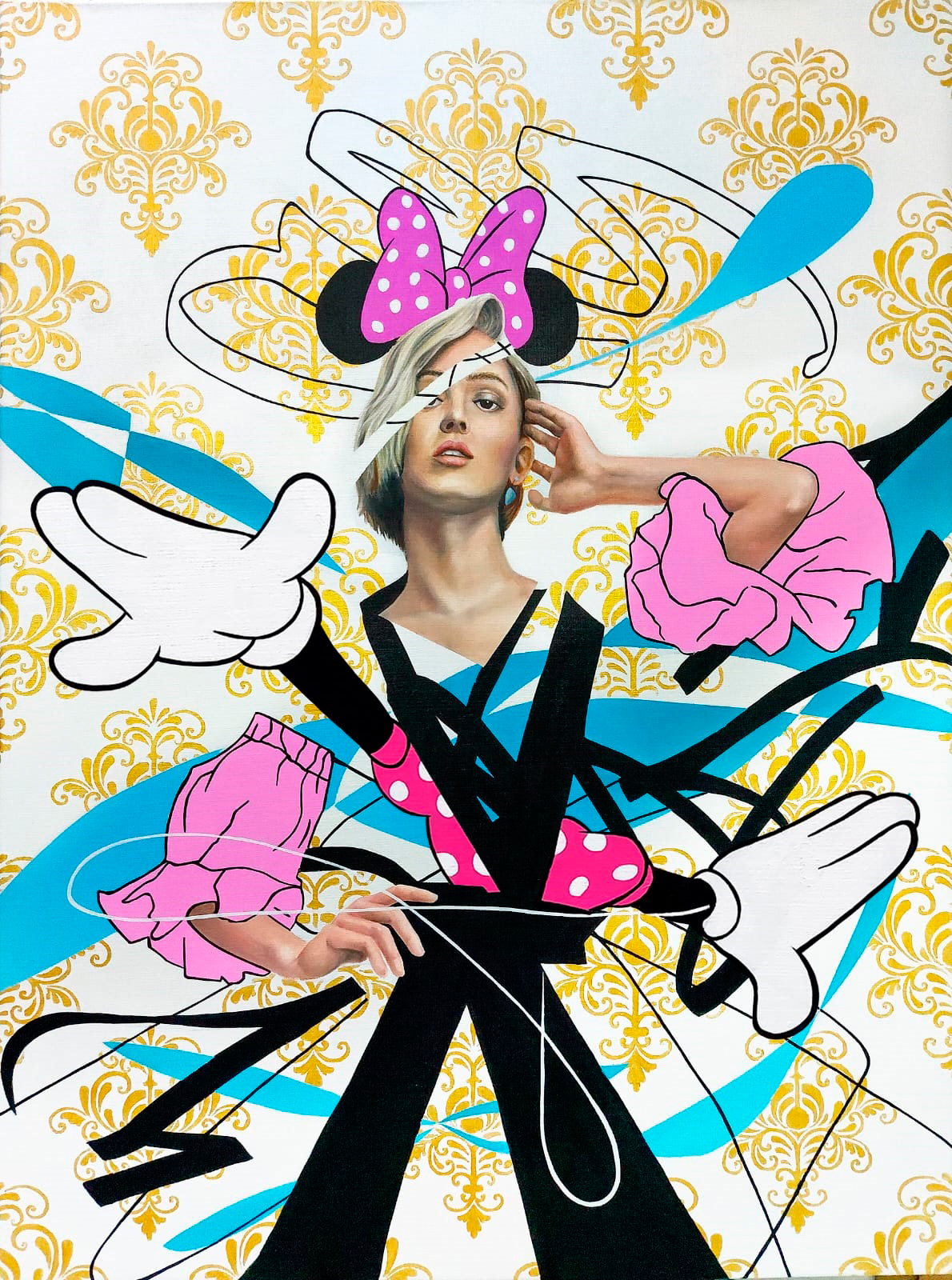 «Minnie 2. Serie Planos en deformación», obra de Xhe. 2023, óleo y acrílico sobre lienzo, 150 x 110 cm.