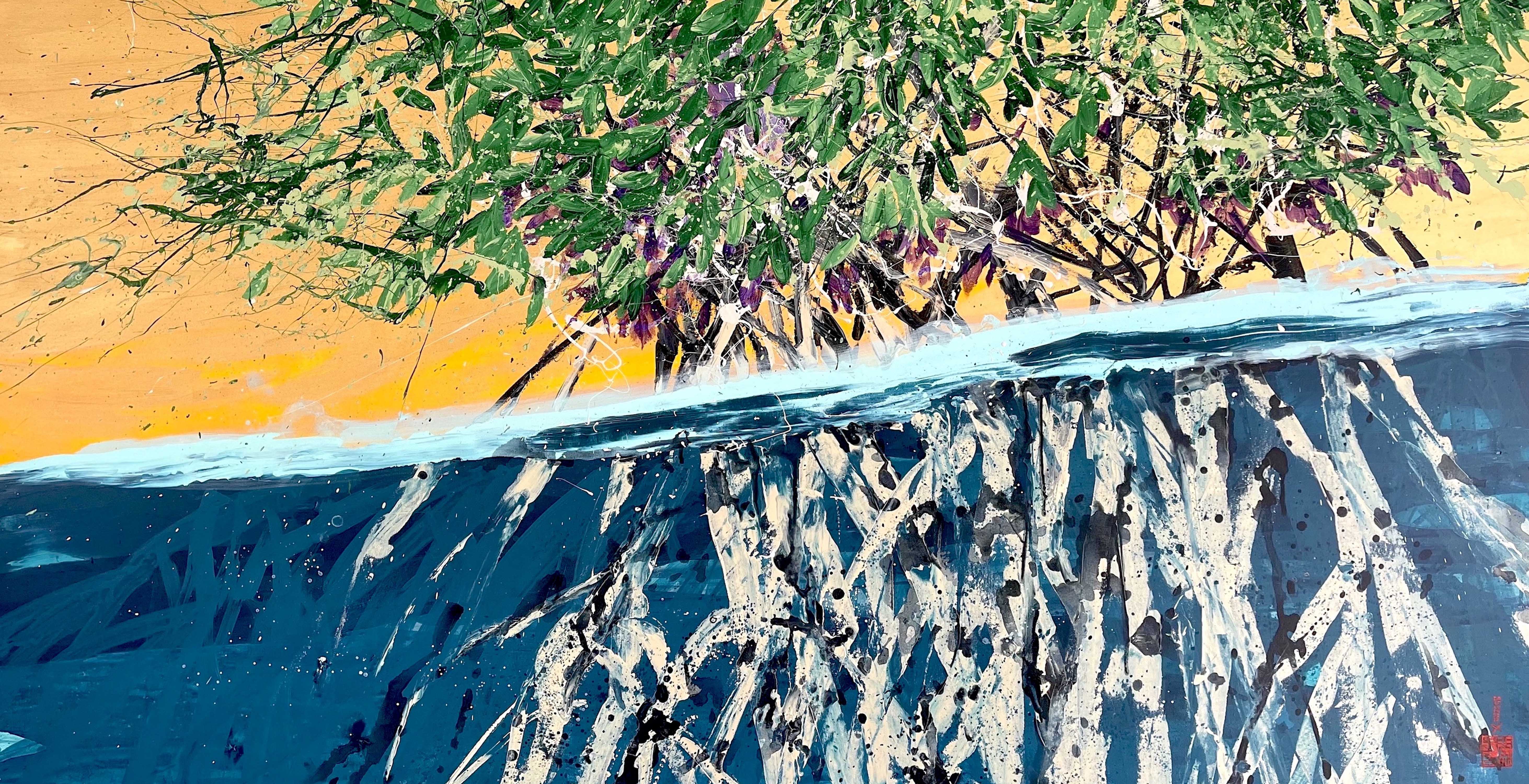 «Tropicaliserie Nº 32. Mangrove Shield», obra de Gabriel Wong. 2022, acrílico sobre lienzo, 100 x 195 cm.