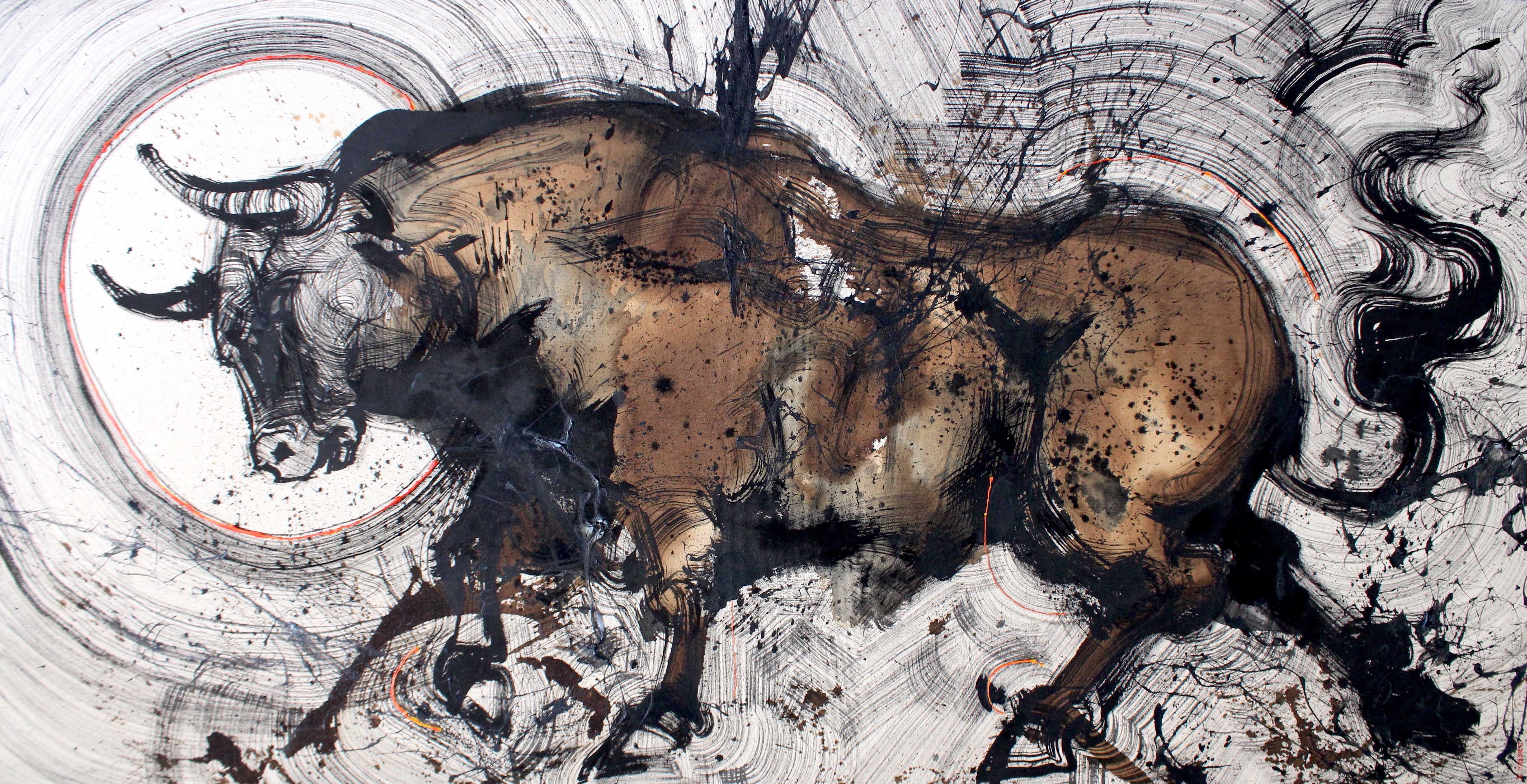 «321 Charge», obra de Gabriel Wong. 2021, tinta china, salsa soya y acrílico sobre manta sucia, 100 x 200 cm.