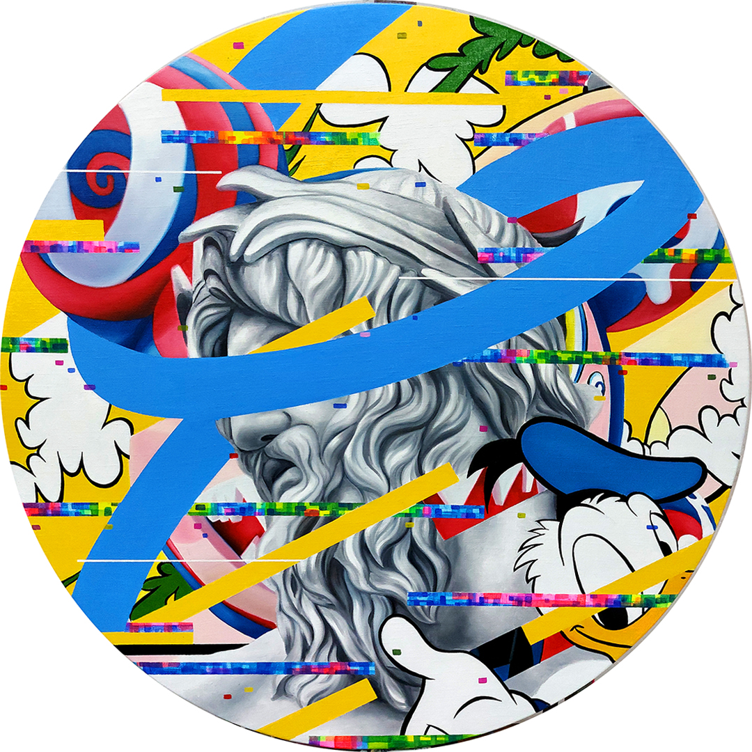 «Zeus y Murakami. Serie Hiperrealidad», obra de Orlando Villatoro. 2021, óleo y acrílico, 100 x 100 cm.