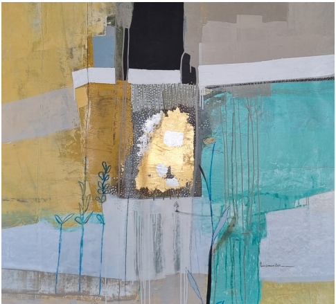 «Viaje tropical», obra de Tomás Carranza. 2023, técnica mixta, láminas de oro, plata y bronce sobre lienzo, 110 x 116 cm.