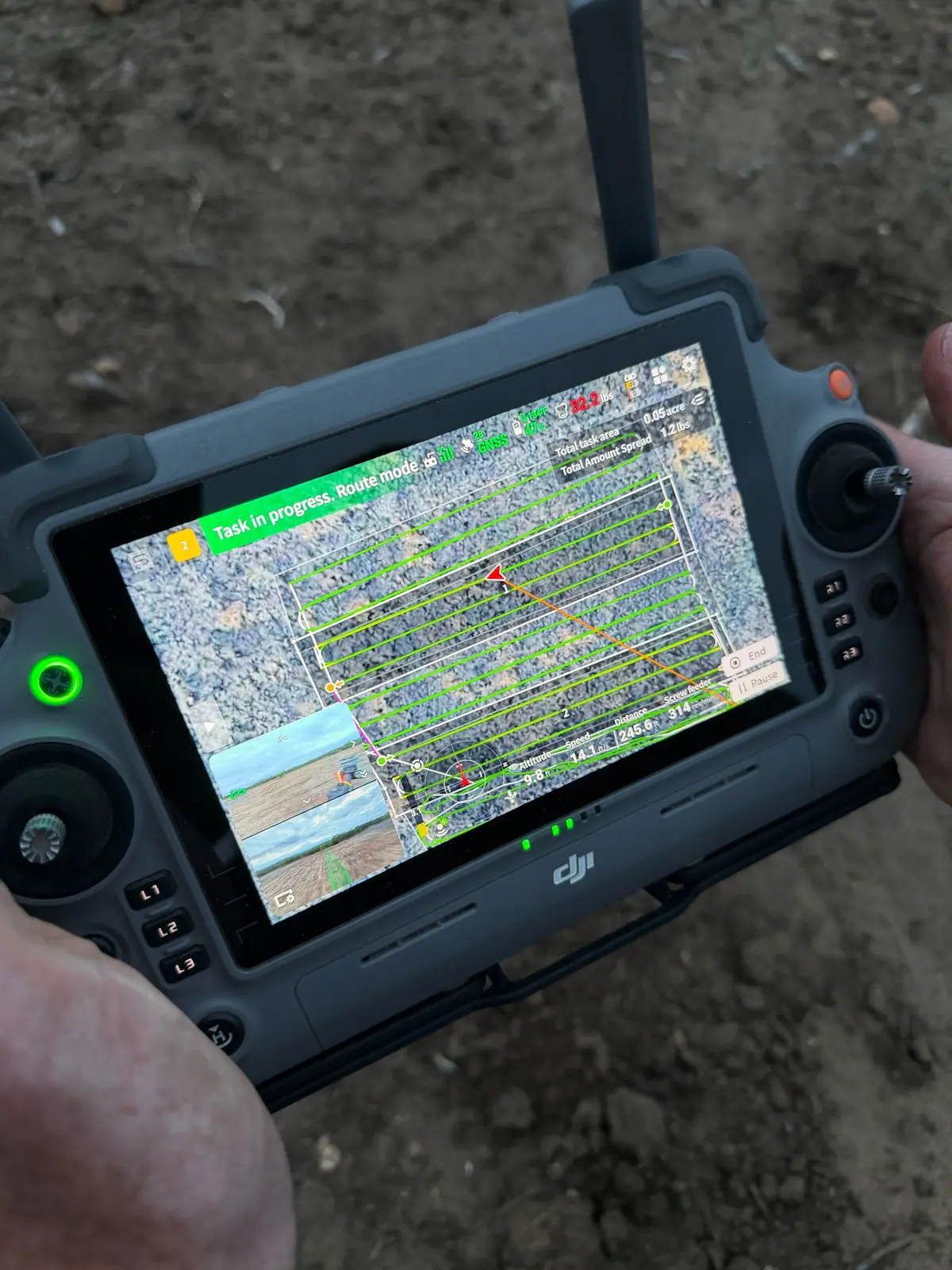 Aerial seeding drone over rangeland