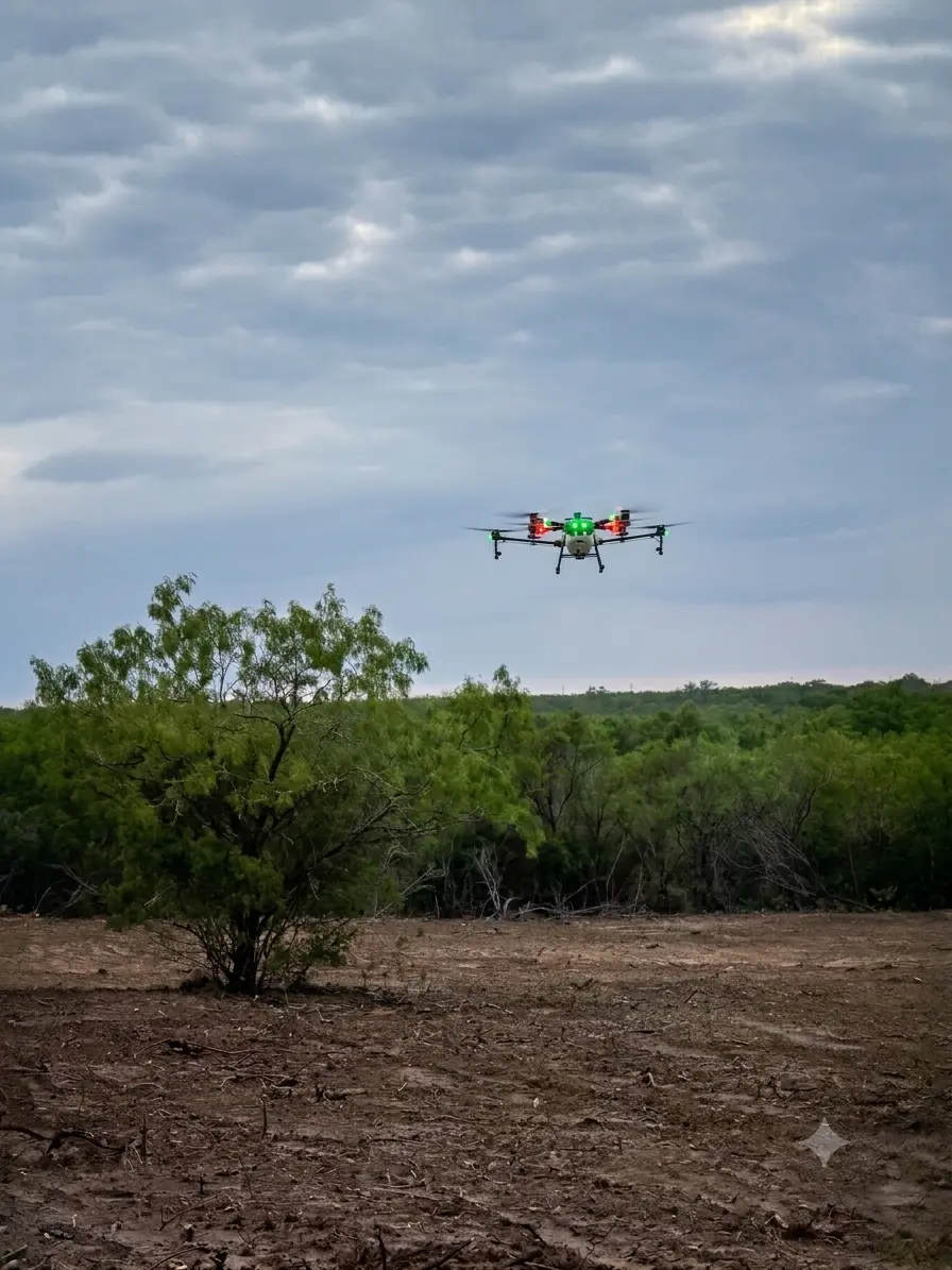 Drone applying seed over a field