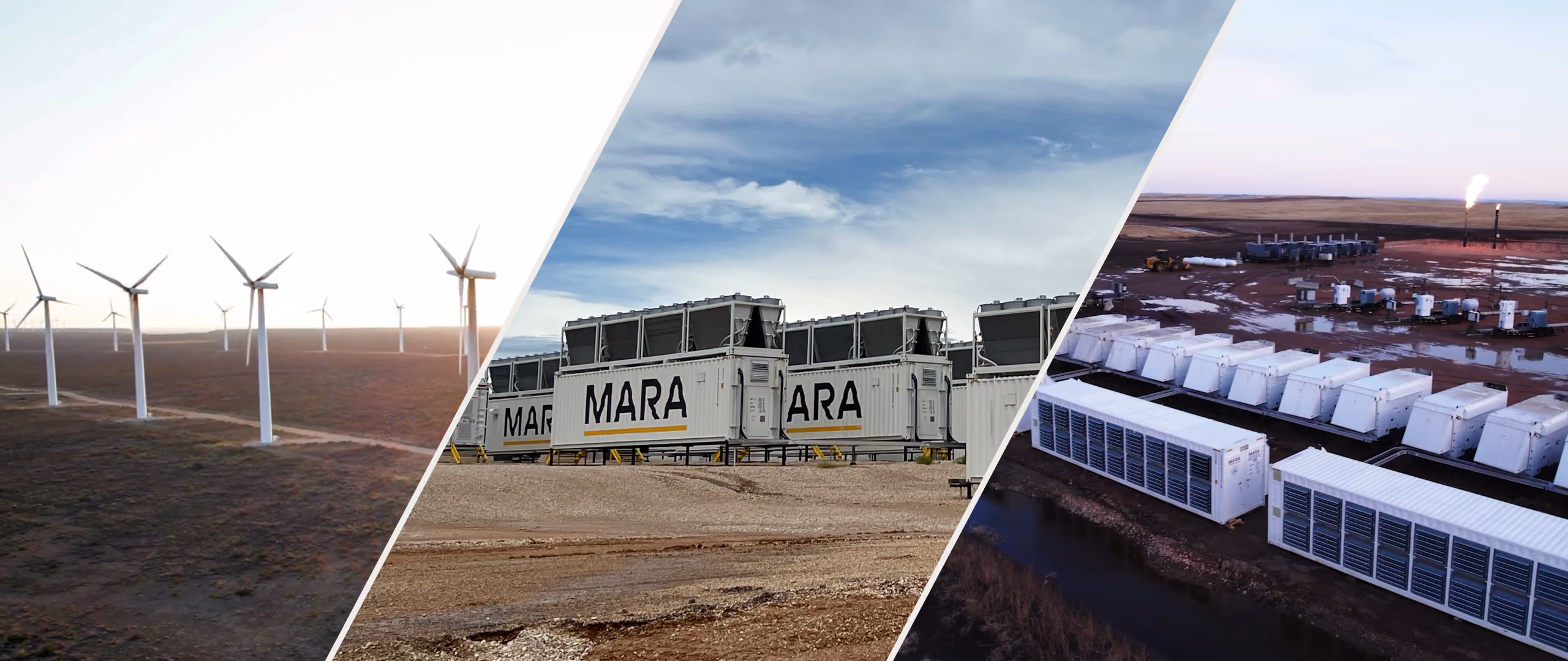 Collage of wind turbines, large white Mara containers, and white industrial units in an outdoor energy facility.