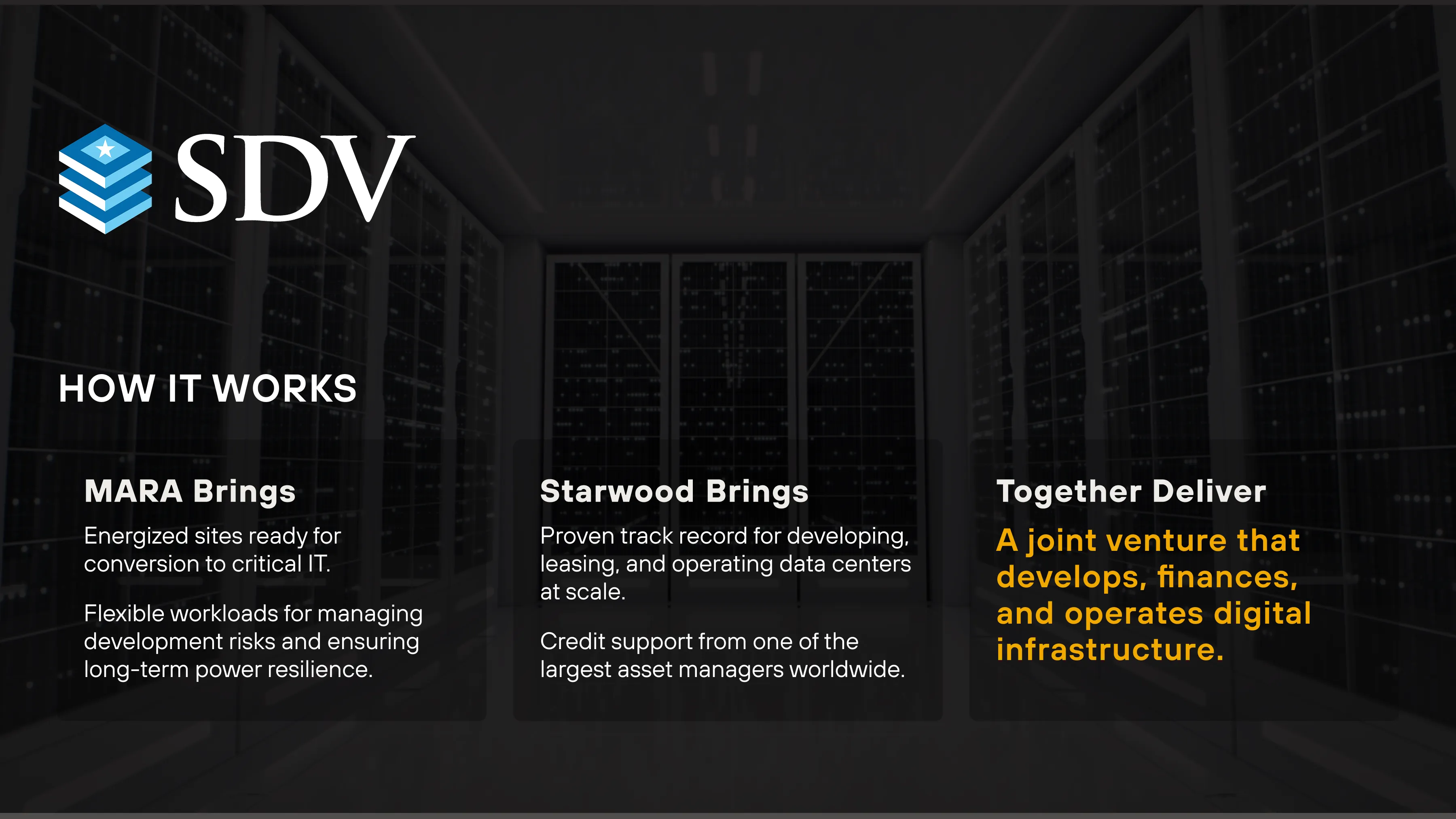 SDV logo with text explaining a joint venture: MARA brings energized sites, Starwood brings data center expertise.