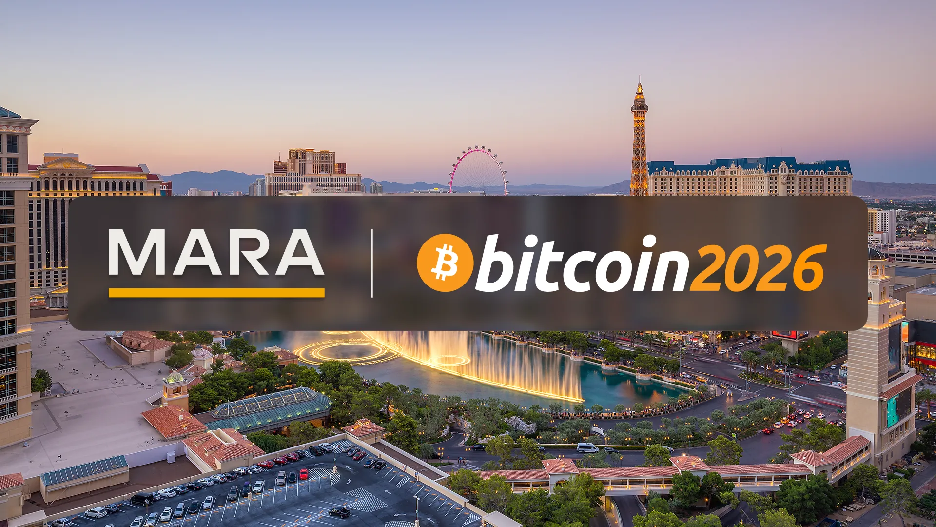 Las Vegas skyline at sunset with MARA and bitcoin2026 logos over a blurred city background.