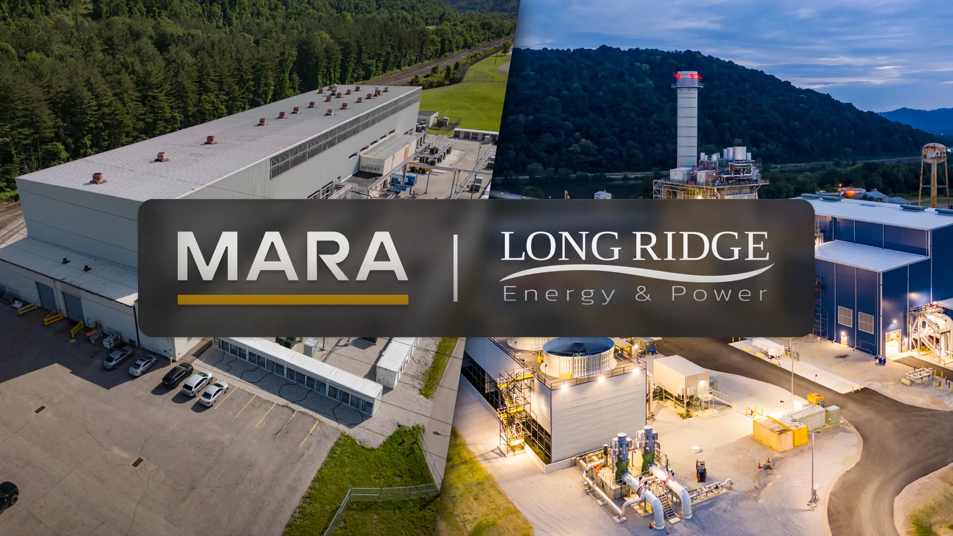 Collage of two power plants with MARA and Long Ridge Energy & Power logos overlaid in center.