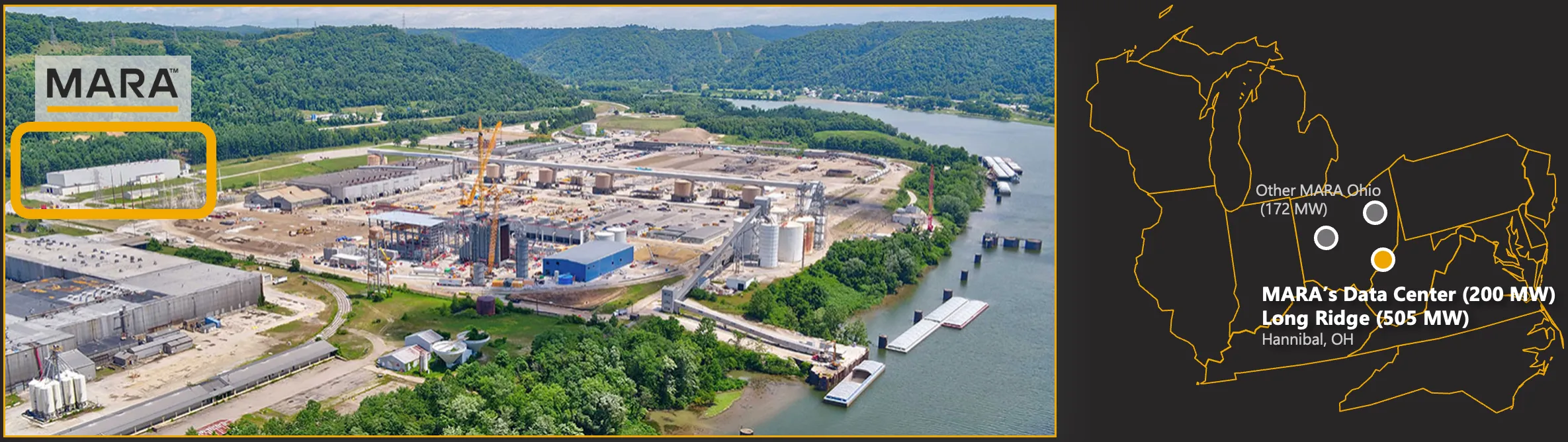 Aerial view of Long Ridge data center construction near a river with a map showing MARA sites in Ohio and New York.
