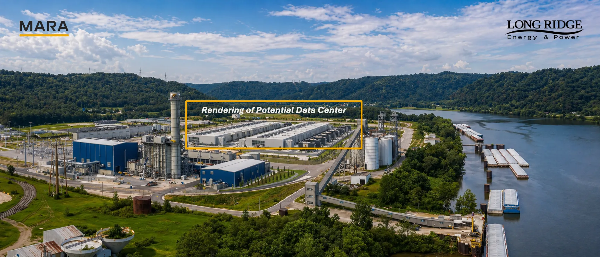 Industrial complex by a river with a rendering of a potential data center and forested hills in background.