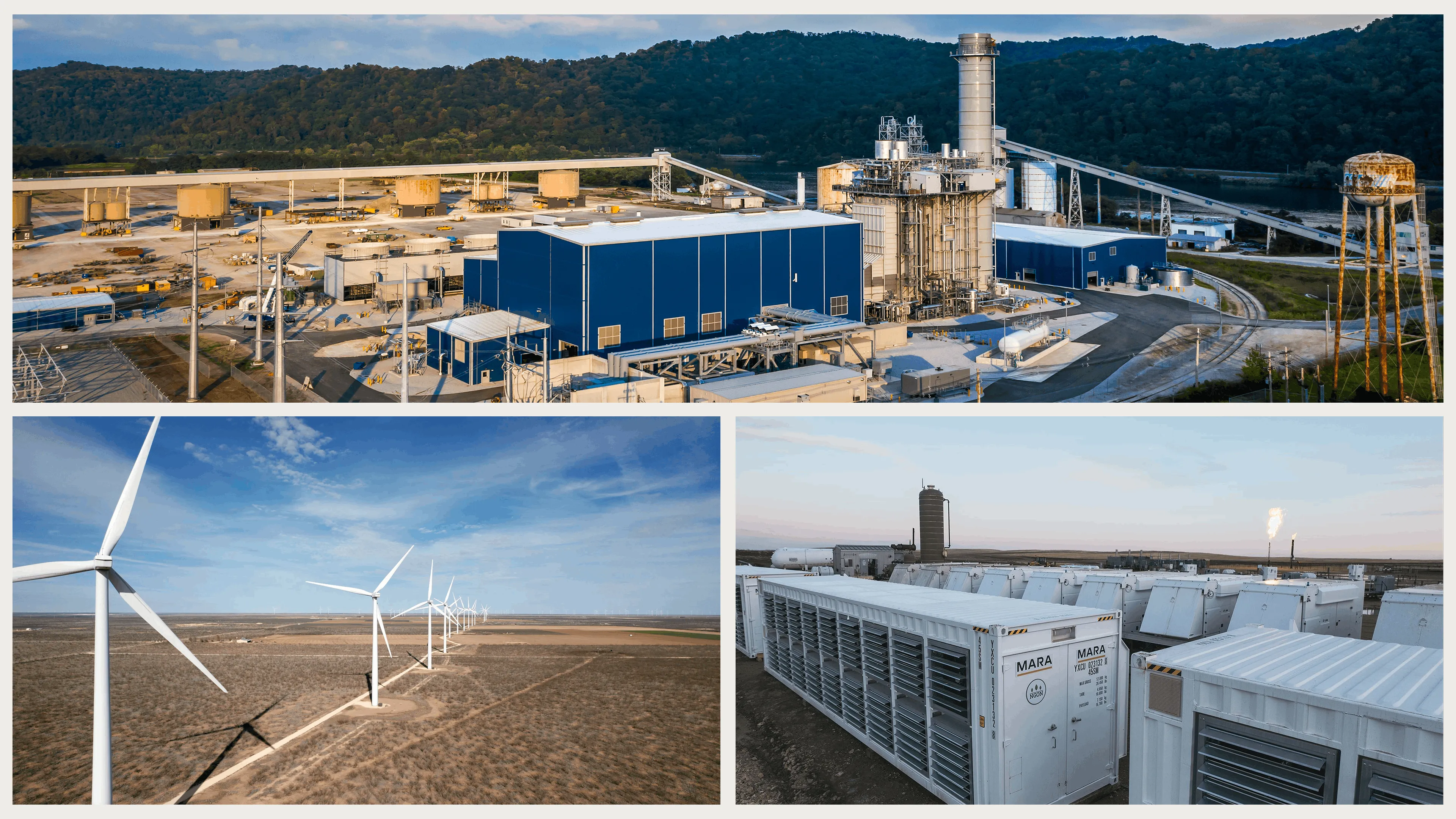 Collage of renewable energy sites: power plant, wind turbines, and battery storage units in open landscapes.