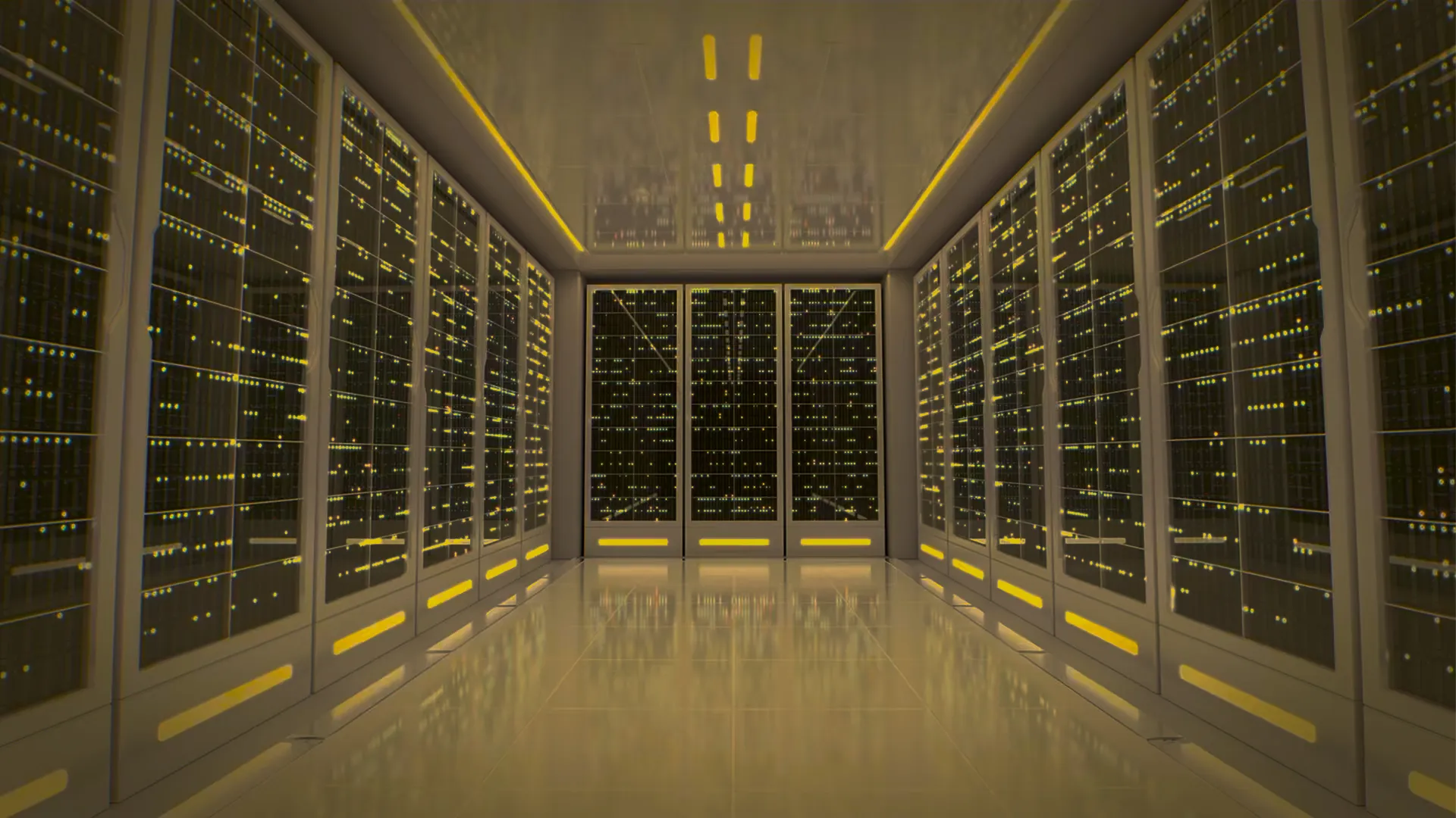 Room filled with server racks with numerous small yellow indicator lights reflecting on shiny floor and ceiling.