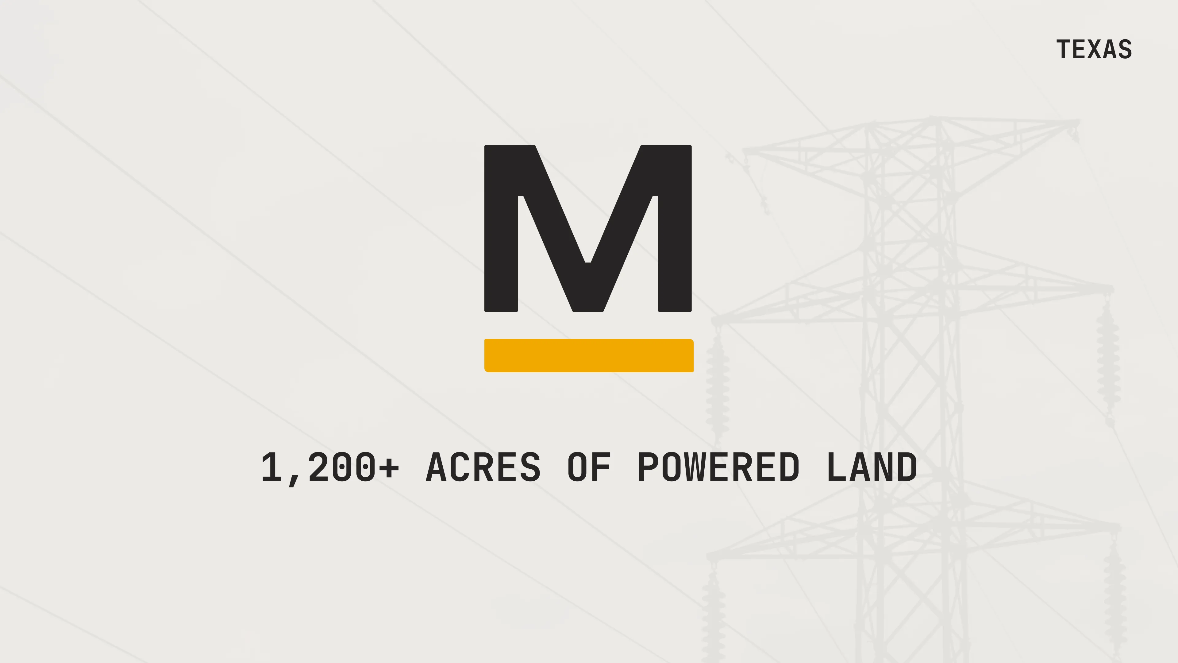 Bold M logo above text: 1,200+ acres of powered land, with faint power lines and a tower in the background.