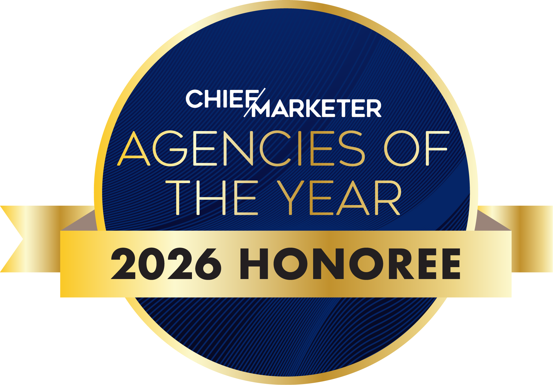 A blue and gold badge that says Chief Marketer agency of the year 2026 honoree.