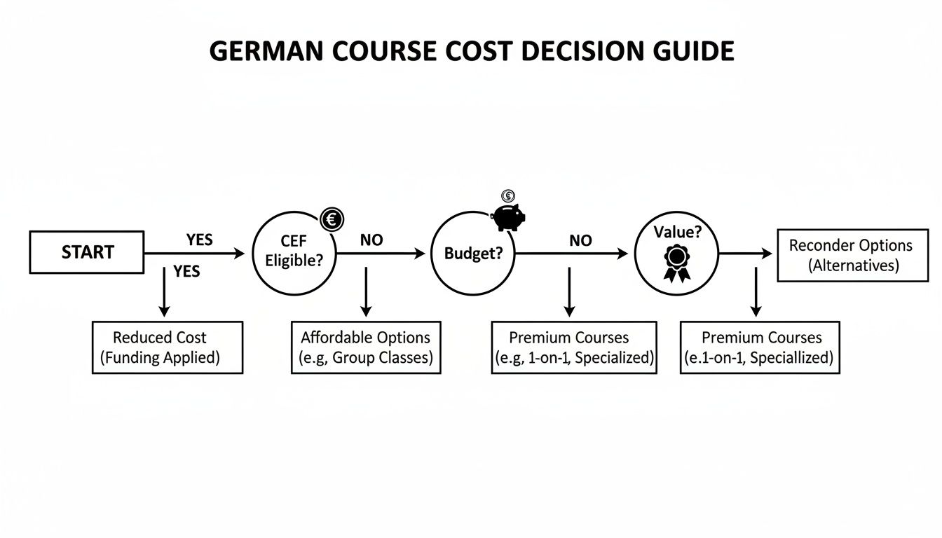 A flowchart decision guide for German course costs, covering funding eligibility, budget, and value.
