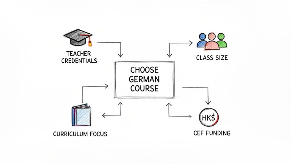 Flowchart illustrating key factors for choosing a German course: teacher credentials, class size, curriculum focus, and CEF funding.