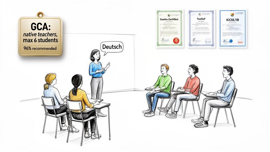 An illustration of a small German language class with a native teacher and six students, showing GCA certification benefits.
