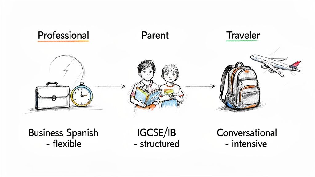 Illustration showing three paths for learning Spanish: professional, parent, and traveler, with respective course types.