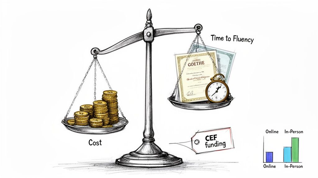 Balancing scale compares cost and time to fluency for German language learning, with online versus in-person class chart.