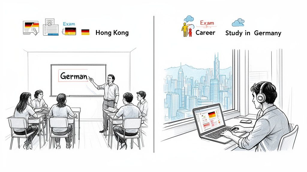 Illustration showing in-person German language class versus online German study from Hong Kong.