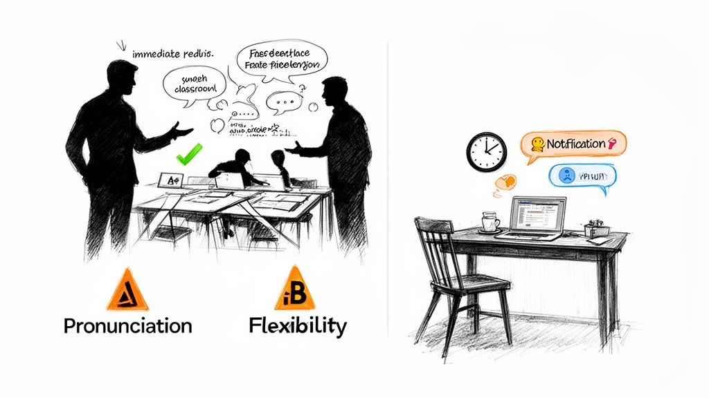 Sketches contrasting traditional classroom teaching, emphasizing pronunciation and flexibility, with remote online learning at a desk.