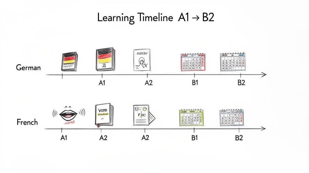 Learning timeline illustrating A1 to B2 language progression for German and French with distinct icons.
