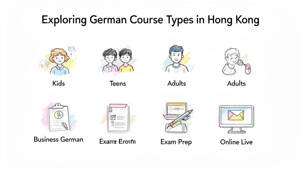 Visual guide to German language course options in Hong Kong, covering age groups and learning goals.