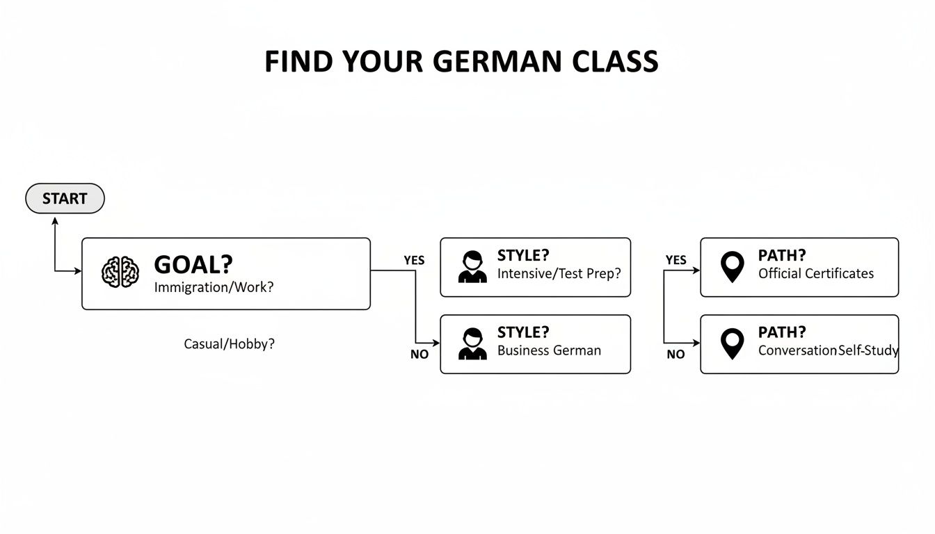 Flowchart for finding a German class, guiding users based on goals (work/hobby), learning style, and certification path.