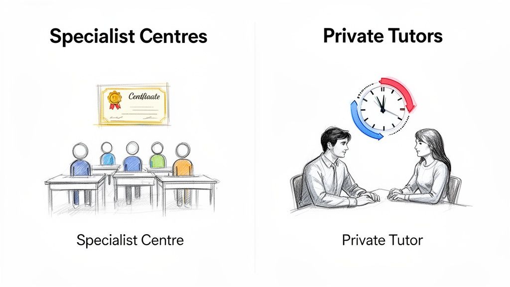 Illustration comparing specialist learning centers with group classes and certificates to private tutors with personalized sessions.