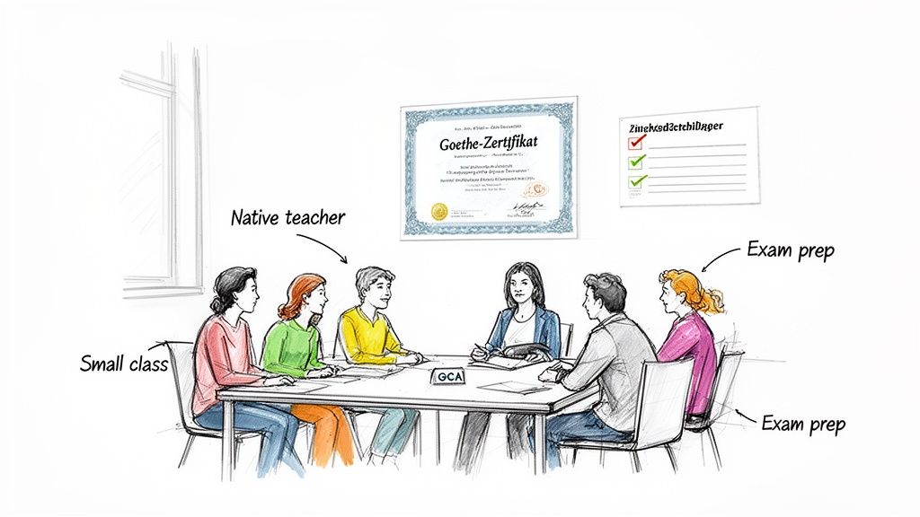 A small class with a native teacher, preparing students for the Goethe-Zertifikat exam.